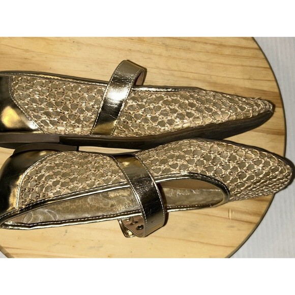 Crown Vintage Shoes Women 9M Metallic Gold Mary Jane Flats Mesh Breathable Strap - Picture 7 of 13